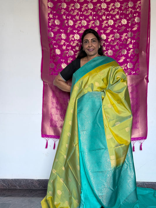 Lime green pure silk saree