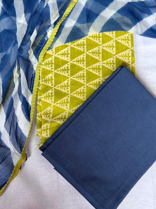 Unstitched green & blue cotton salwar suit