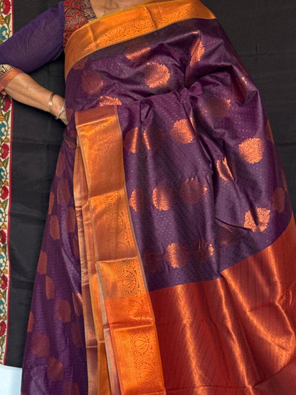 Dark grape & copper gold semi silk saree