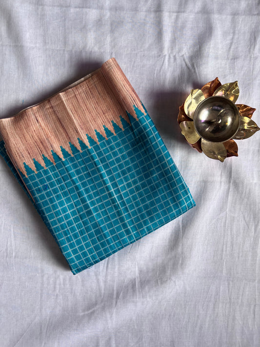 Blue checked tussar silk saree