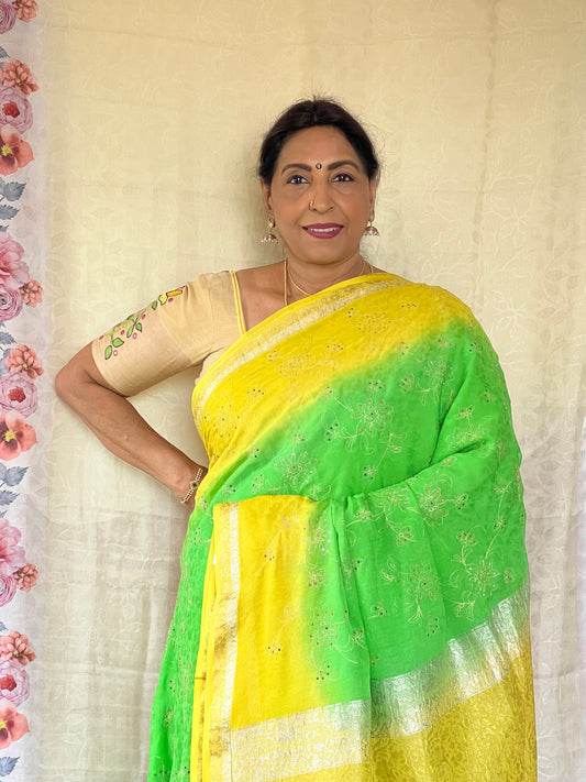 Green and Yellow Chiffon with stone work
