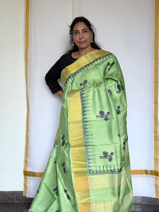 Printed Tussar saree - Pastel Green