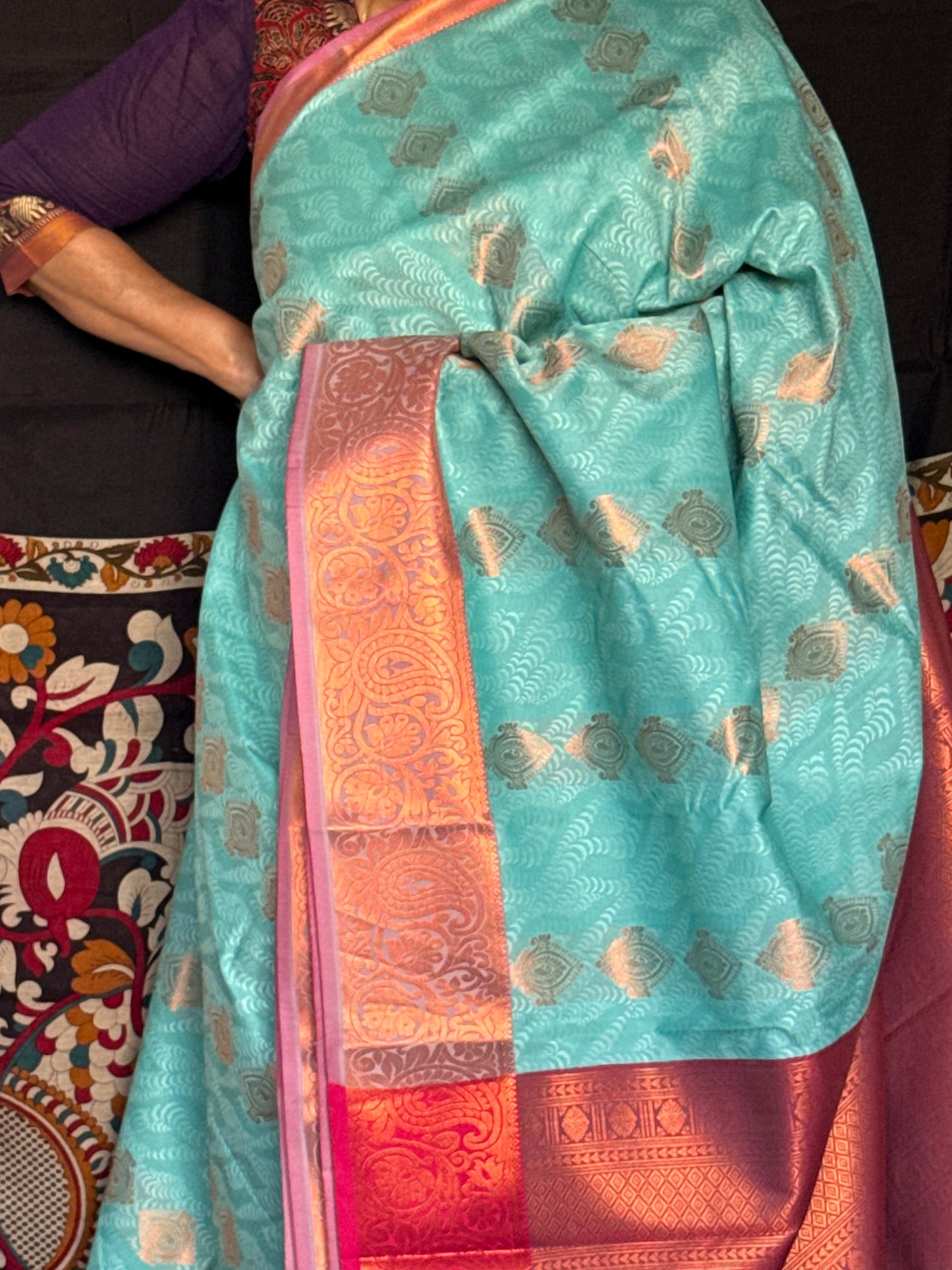 Aqua teal & red semi silk saree
