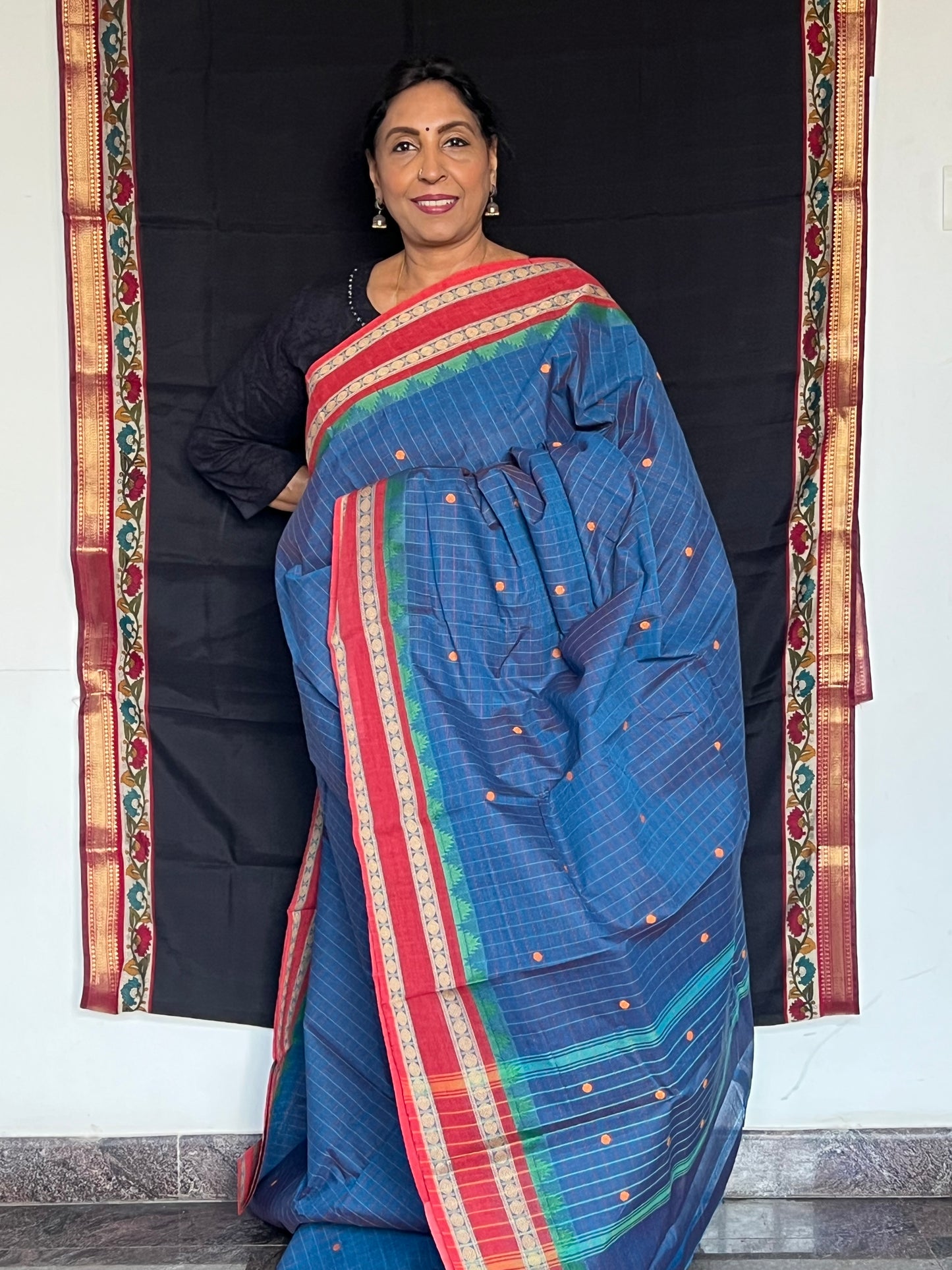 Blue Checks kanchi cotton saree