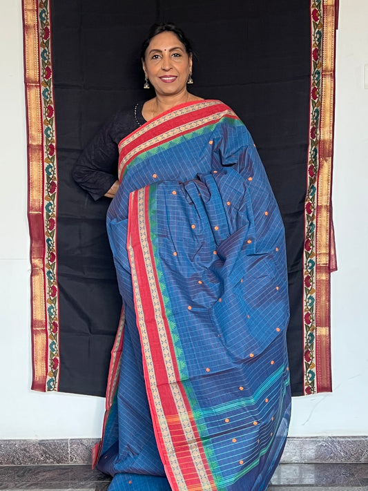 Blue Checks kanchi cotton saree