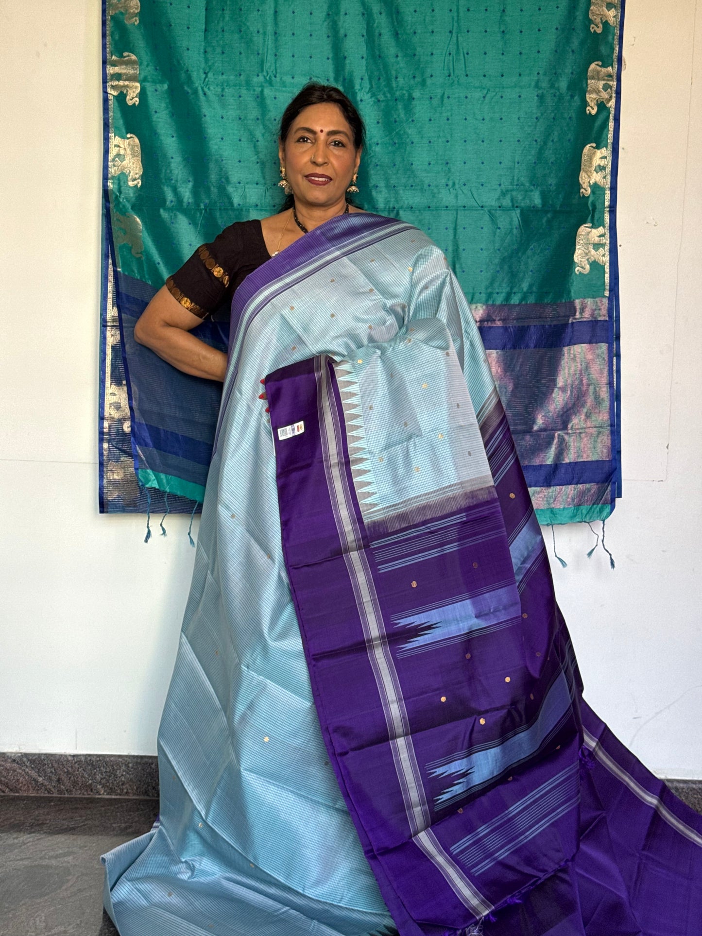 Pastel Blue Silk Saree With Checks