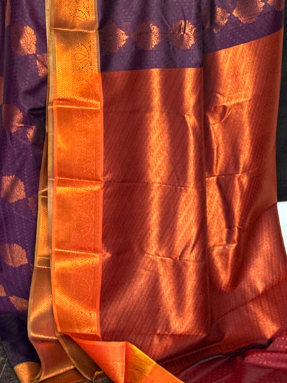 Dark grape & copper gold semi silk saree