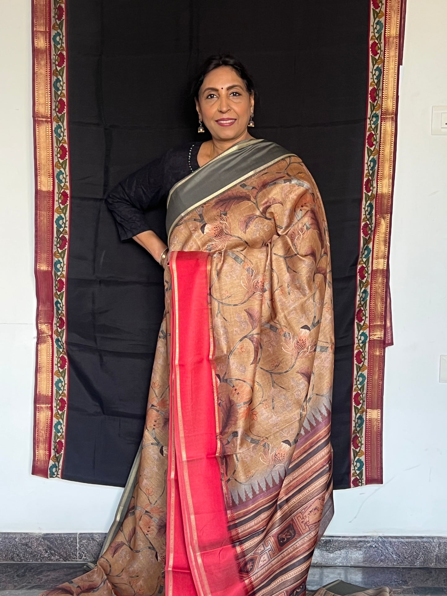 Copper & red semi tussar silk saree