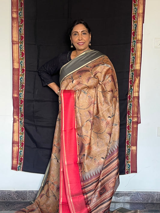 Copper & red semi tussar silk saree