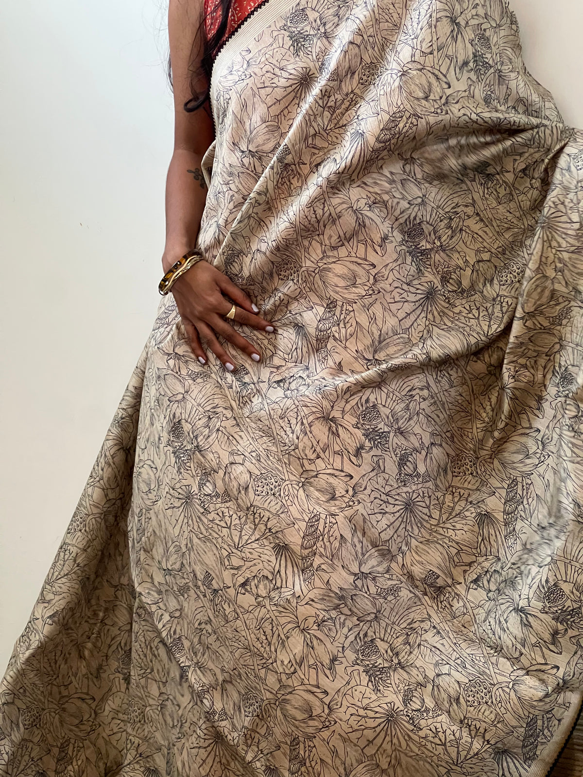 Beige & black Tussar silk saree