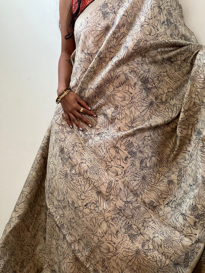 Beige & black Tussar silk saree