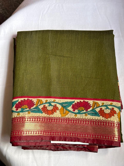 Olive Green & kumkum red Traditional Semi Soft Silk