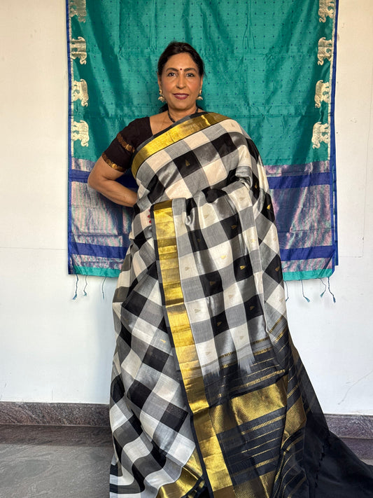 Black & White checks silk cotton saree