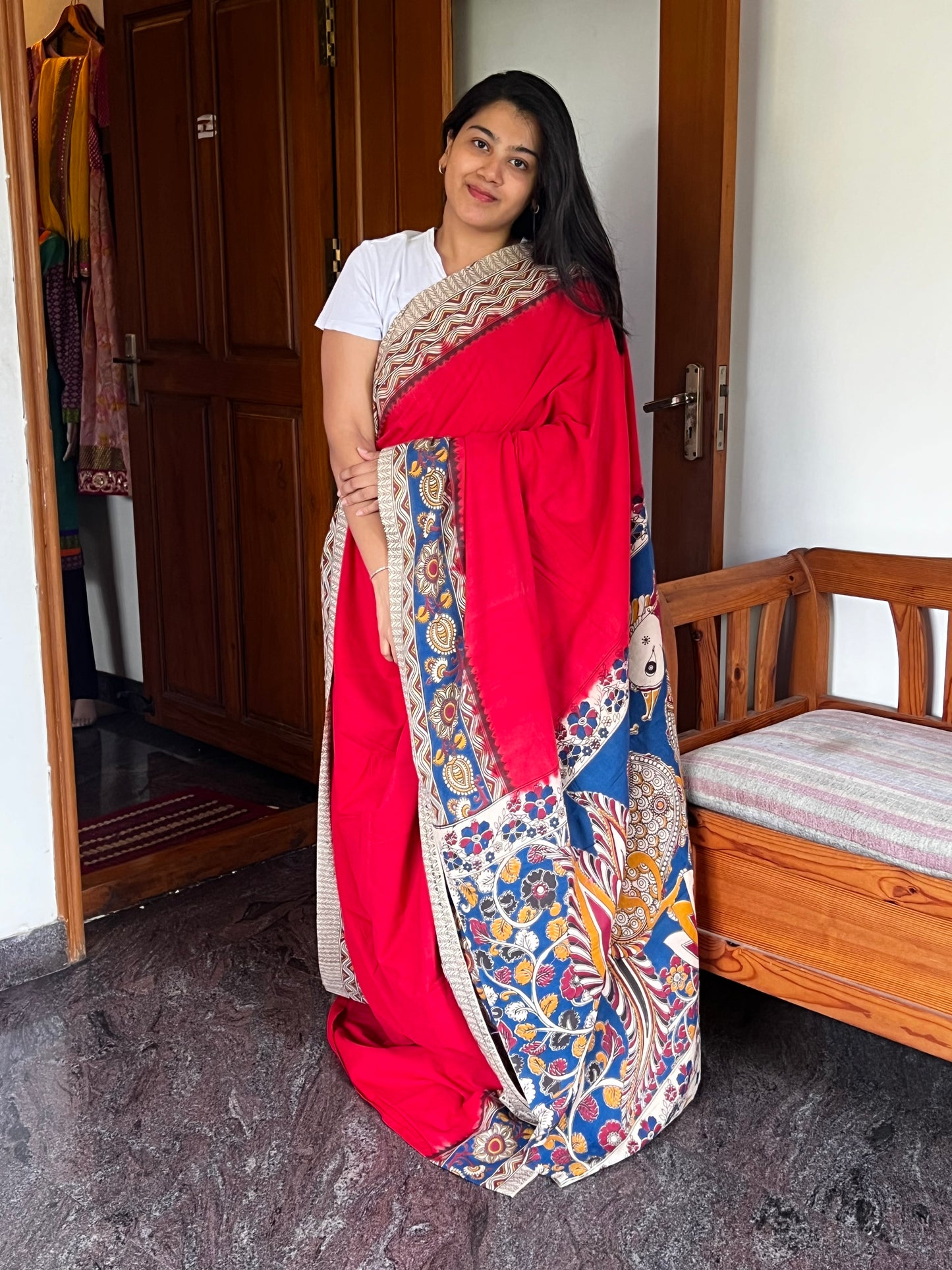Red Kalamkari cotton saree