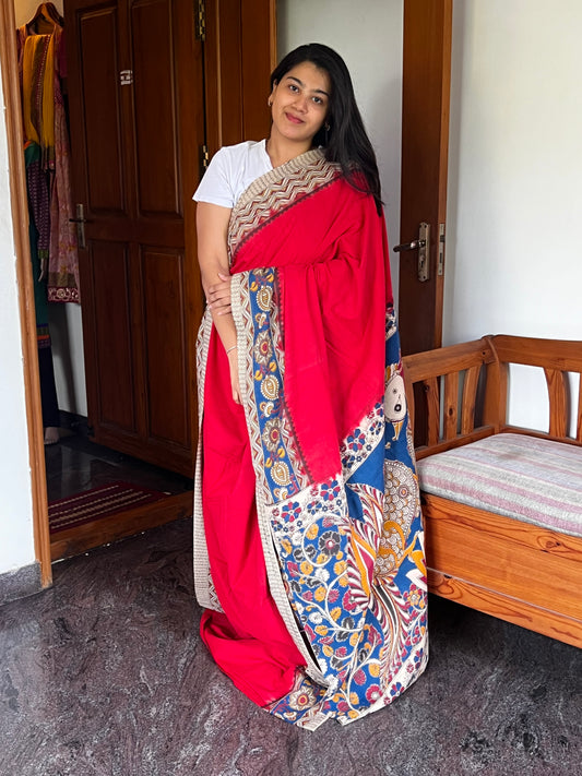Red Kalamkari cotton saree