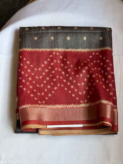 Grey and red semi tussar saree
