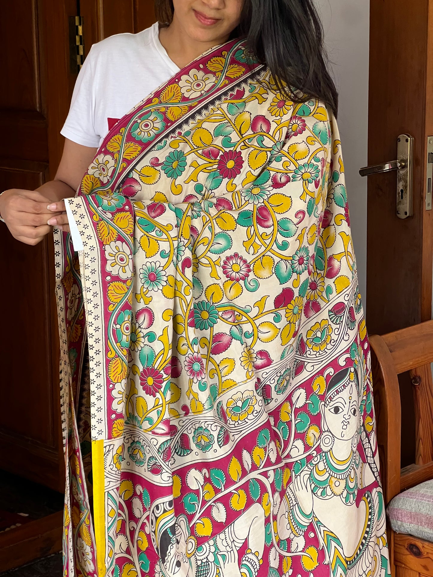 Red & yellow kalamkari chinnur silk saree