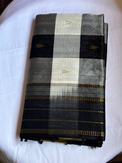 Black & White checks silk cotton saree