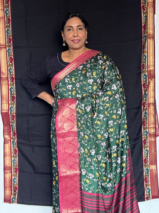 Dark green semi printed crepe saree