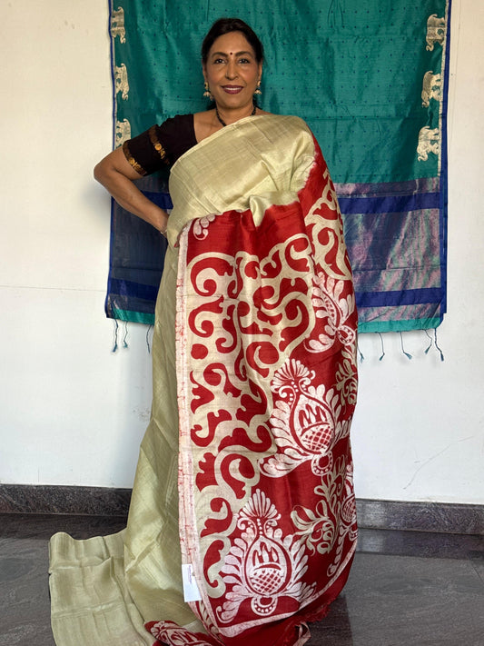 Printed Tussar silk saree with maroon pallu