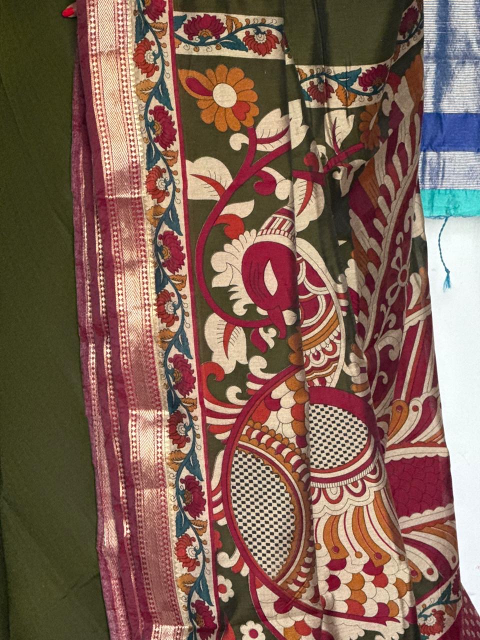 Olive Green & kumkum red Traditional Semi Soft Silk