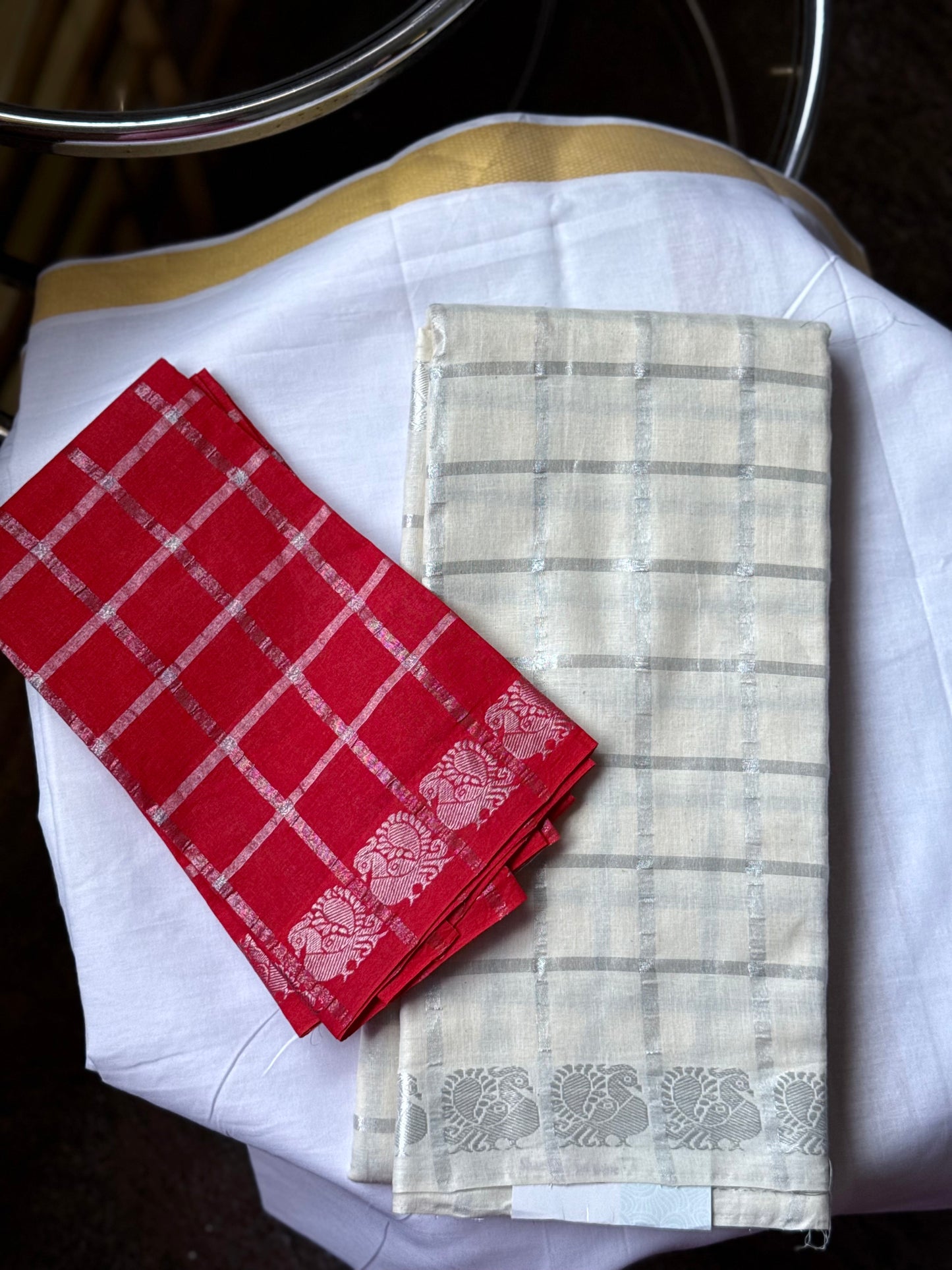 White and silver check - onam special
