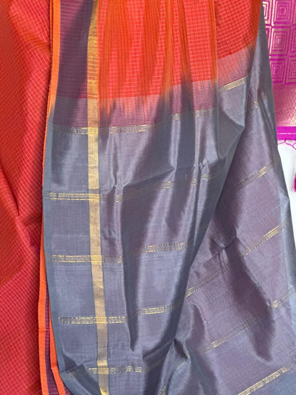 Checked Silk Cotton saree - Orange & Grey