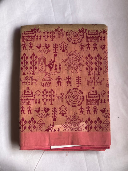 Beige & Pink mangalagiri printed cotton saree