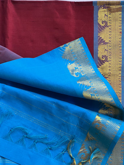Blue and brown semi silk cotton saree