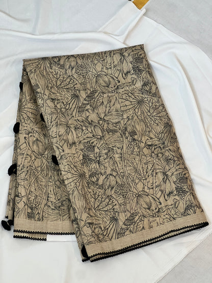 Beige & black Tussar silk saree