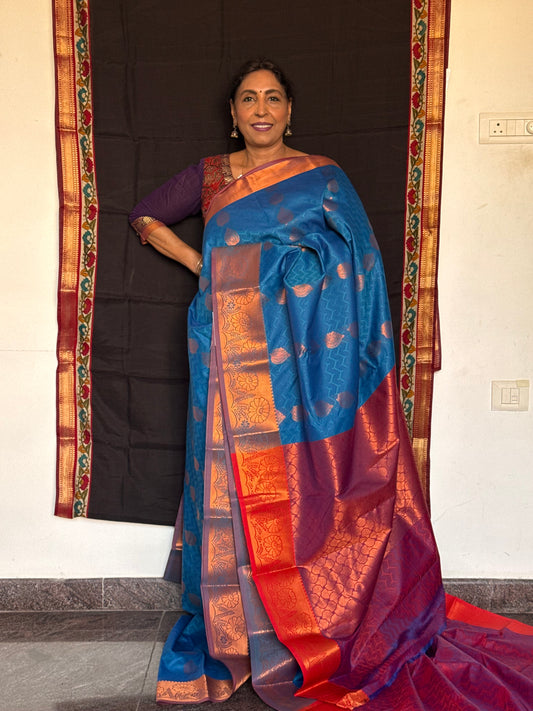 Royal blue & red semi silk saree