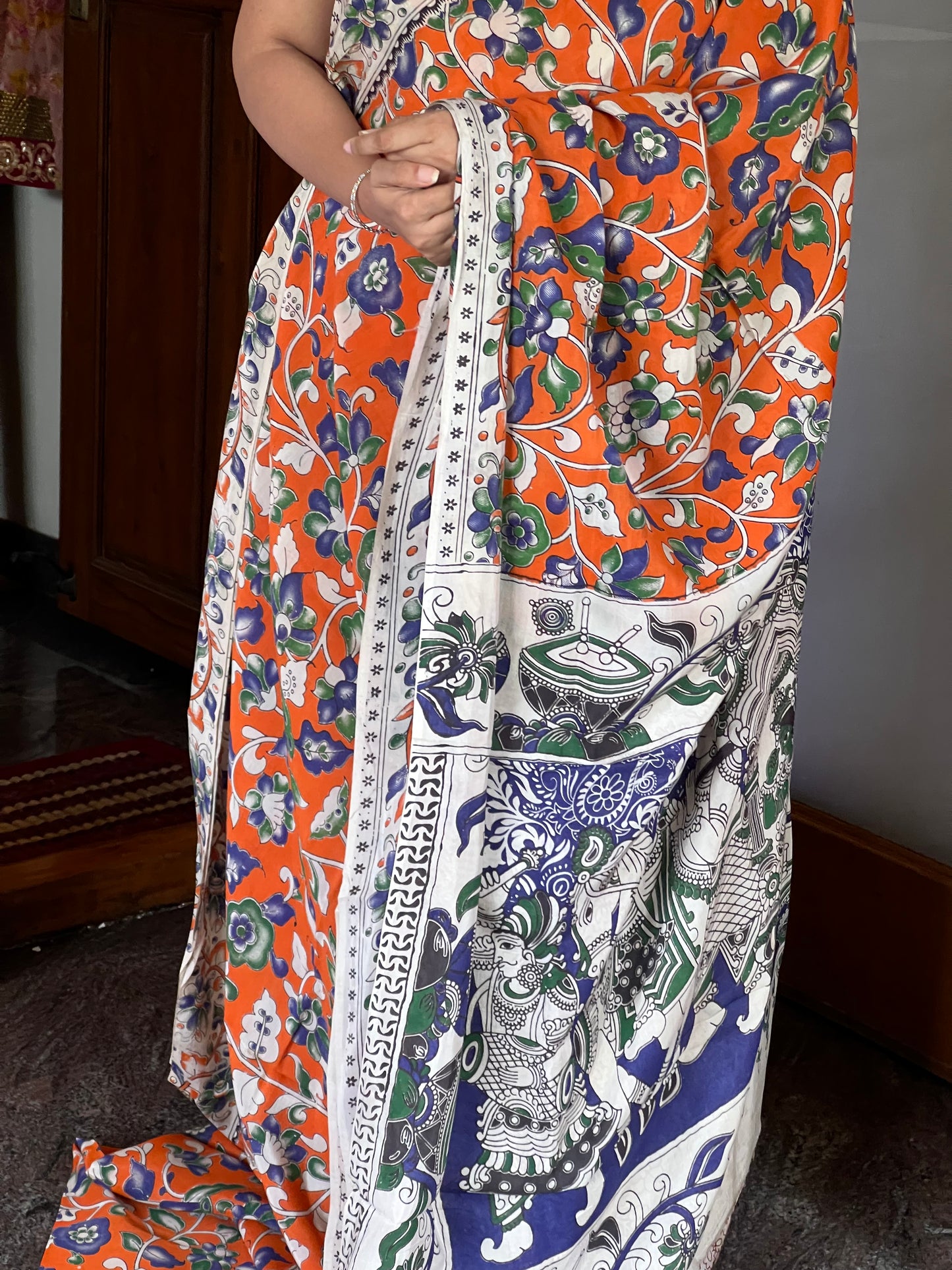 Orange cotton Kalamkari saree