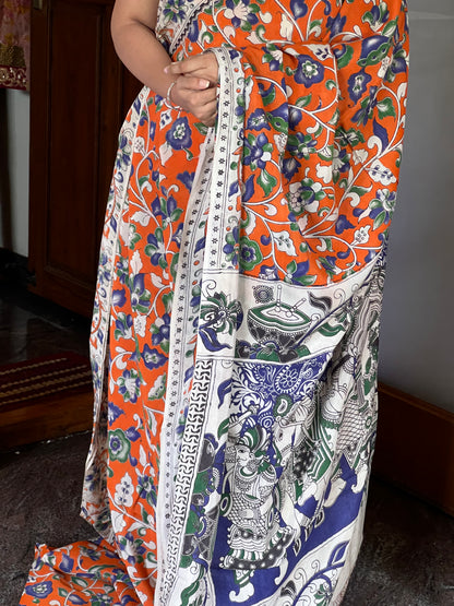 Orange cotton Kalamkari saree