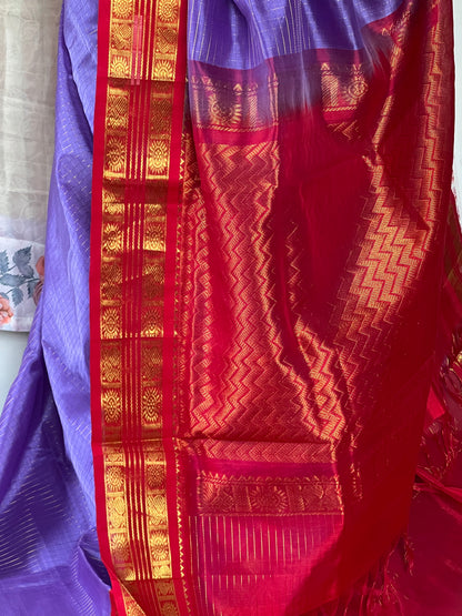 Lilac and Red korwai silk cotton saree