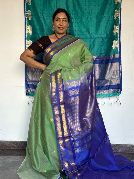Green Silk Cotton Saree With Purple Border