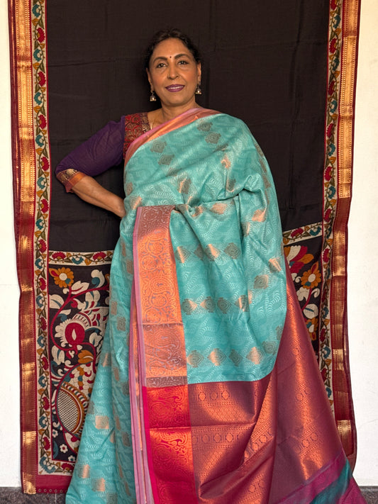 Aqua teal & red semi silk saree