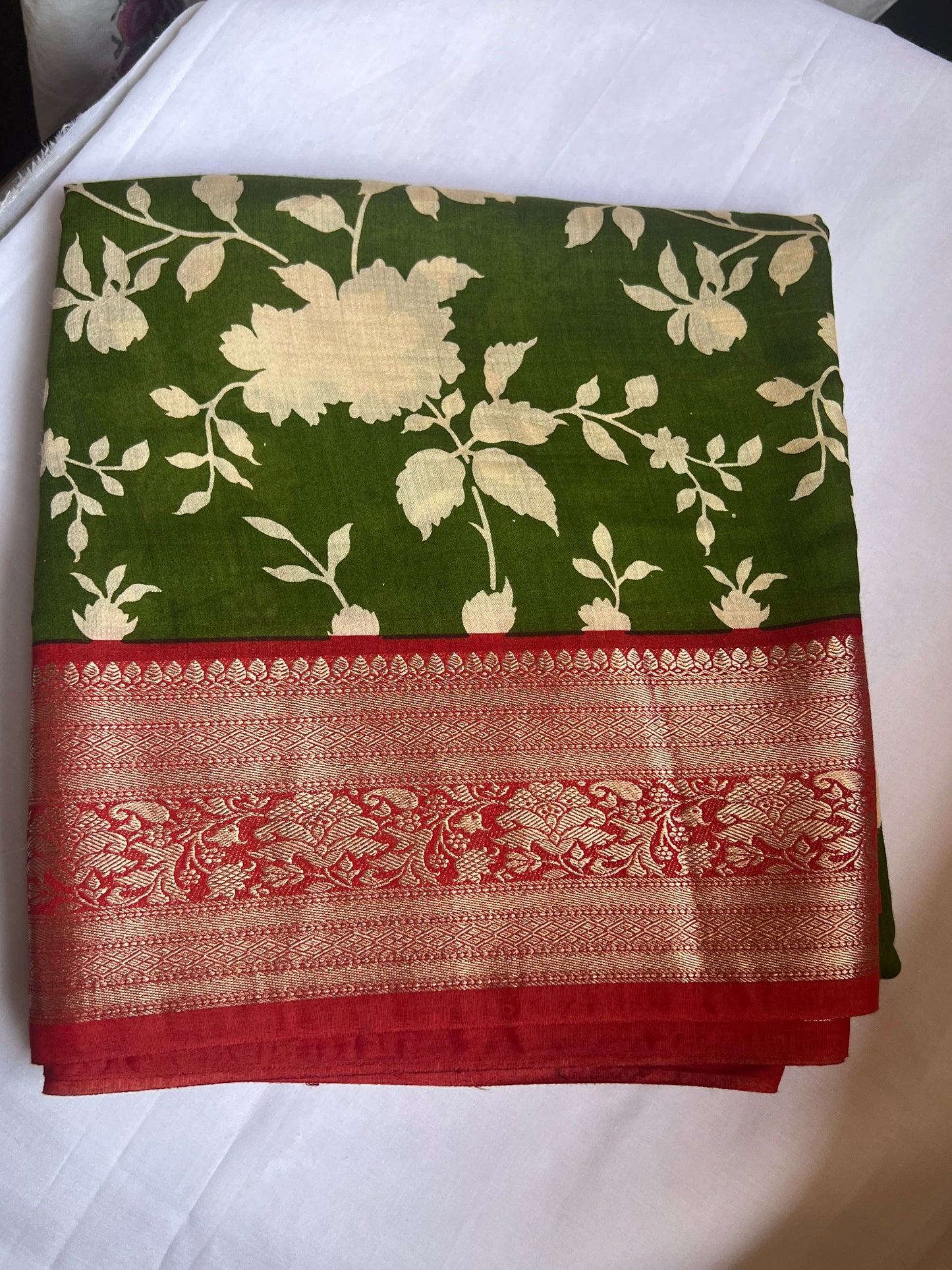 Olive green & red semi crepe silk saree