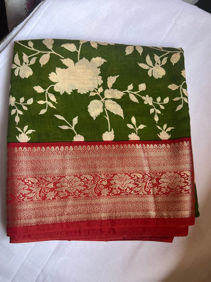 Olive green & red semi crepe silk saree