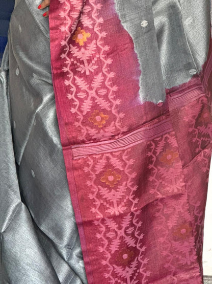 Silver-Grey & Plum Tussar Silk