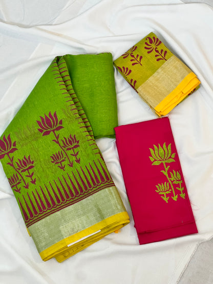 Green linen saree