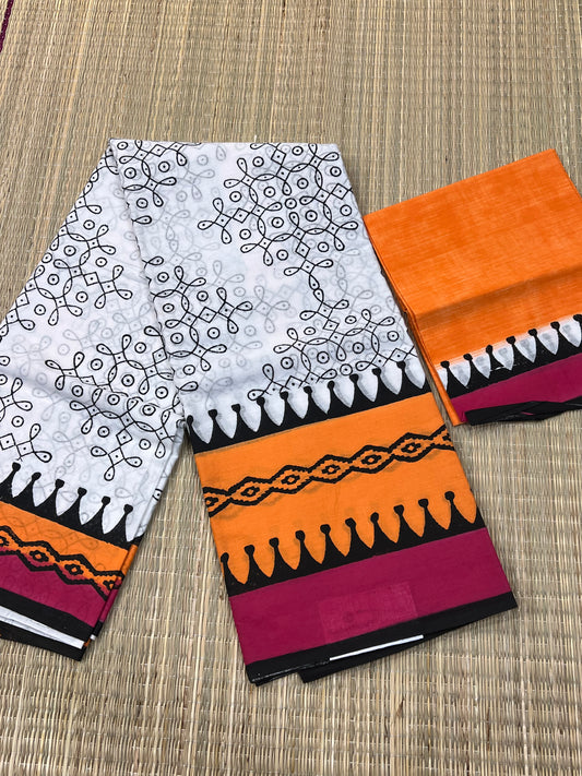 Orange mul cotton saree