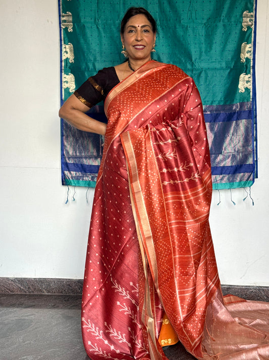 Red monochrome semi tussar saree
