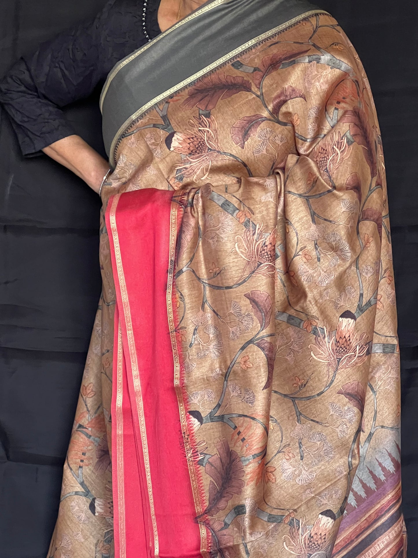 Copper & red semi tussar silk saree