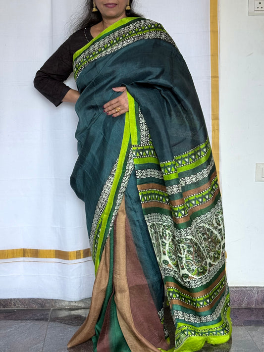 Murshidabad Silk saree - Green Partly Pallu