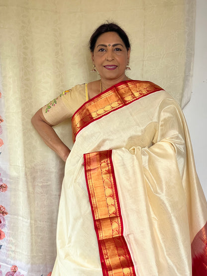 Cream white Kanchivaram silk cotton saree