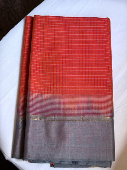 Checked Silk Cotton saree - Orange & Grey