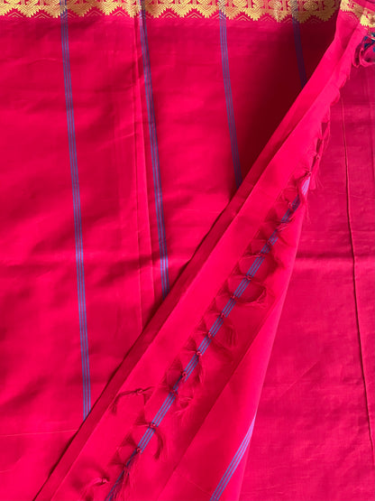 Red & blue kolam semi silk cotton saree