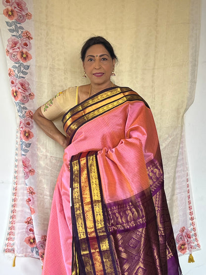 Lotus pink korwai silk cotton saree