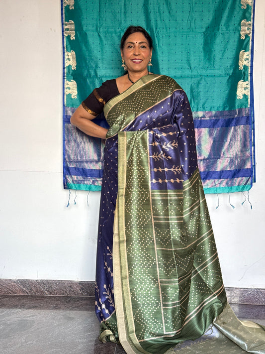 Green & blue semi tussar saree
