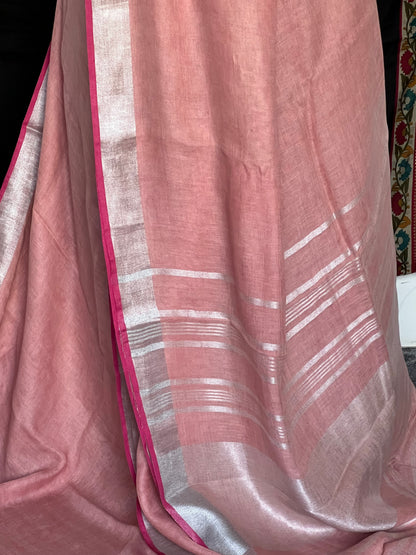 Baby pink linen cotton saree